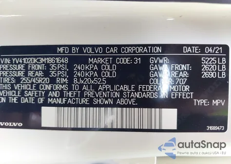 2021 Volvo Xc60 T5 Momentum z USA, uszkodzony, nr VIN YV4102DK3M1861648
